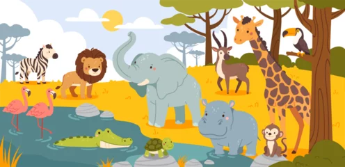 Fotobehang Zoo African animals. Cartoon Savannah wildlife scene. Landscape with animals, birds, reptiles. Safari lion, giraffe elephant, zebra, crocodile in pound. Vector illustration  © Foxy Fox