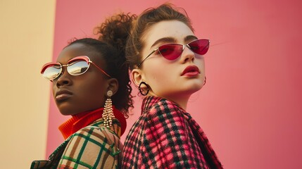Two stylish women wearing sunglasses and fashionable outfits stand against a colorful background. They look confident and ready for a day out.