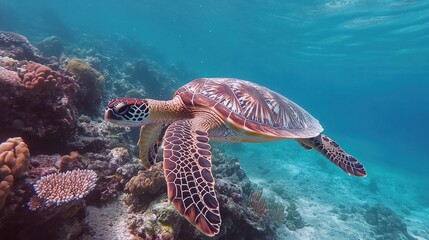 Obraz premium Sea turtles swimming gracefully through the ocean, gliding over vibrant coral reefs
