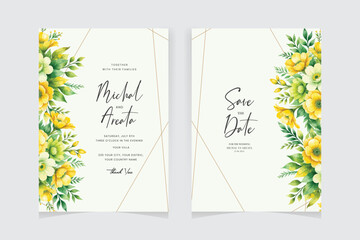 wedding invitation card set with branch leaf greenery watercolor and and gold design greeting card template