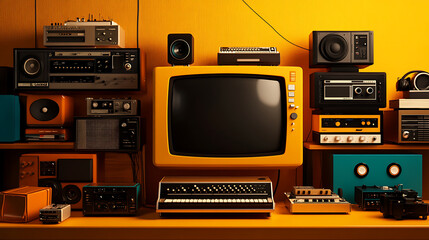 Vintage electronics collection against a vibrant yellow background.