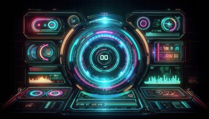 Obraz premium A digital dashboard background with glowing gauges, readouts, and data displays in neon colors.