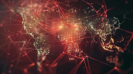 Digital world map with glowing red lines illustrating global network connections and data exchange.