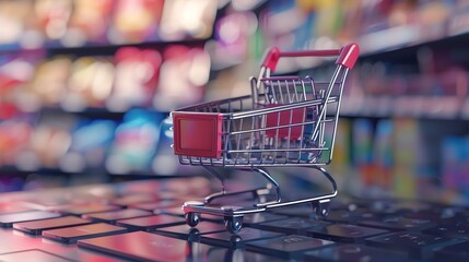 A small shopping cart rests on a keyboard, symbolizing the convenience of online shopping.