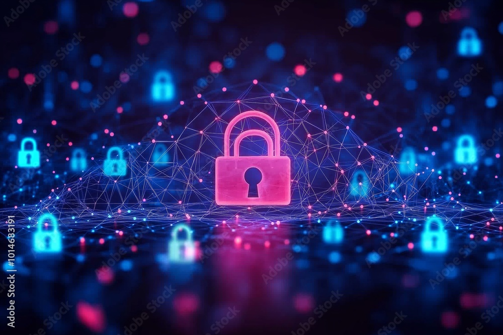Poster blue and red image of a key and lock. there are many keys and locks in the image. business brainstor