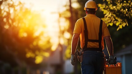Obraz premium Worker walking towards sunset, carrying toolbox, silhouetted against vibrant sky.