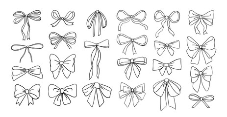 Sketch bow. Doodle gift ribbon. Hand drawn bow knots for greeting cards and holiday invitation, banner, poster. Decorative variety styles and shapes bows. Vector set