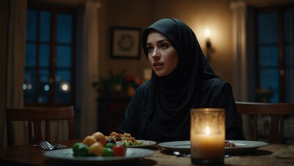 امرأة مسلمة تتناول العشاء 