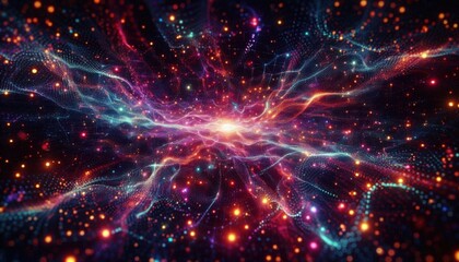 Naklejka premium A mesmerizing background filled with glowing particles swirling in neon colors, resembling a digital cosmos.