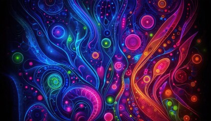 A background featuring organic shapes and patterns inspired by biological forms, all illuminated in vibrant neon colors.