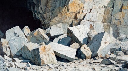 Shattered rocks at the base of a cliff, with large fragments scattered across the ground