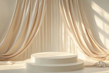 A minimalist stage setup with draped fabric and circular platforms for presentations or events.