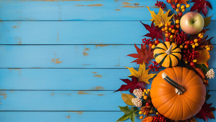 background with pumpkins on blue wooedn background with copy-space, autumn leaves, fall