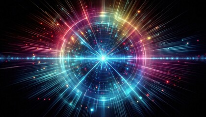 Obraz premium A high-tech background showcasing a holographic spectrum of colors radiating from the center, creating a glowing aura effect.