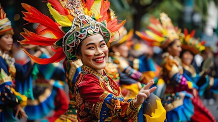 A young woman in a colorful costume smiles brightly as she dances in a vibrant parade.