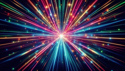 A background inspired by a laser light show, with beams of colorful neon lights converging and diverging in dramatic patterns.