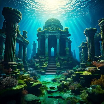  the underwater lost city lies submerged in a sunlit ocean, revealing its moss-covered ruins and vibrant marine life. The city's architecture blends classic and futuristic elements