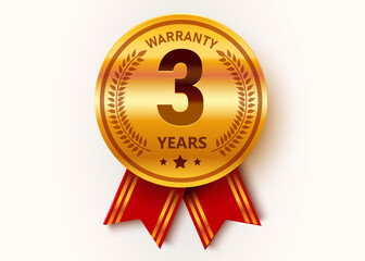 3 Years Warranty. Warranty Sign. Golden medal with ribbons.
