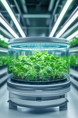 Hydroponic system cultivating fresh greens with LED lights, modern farming technology.