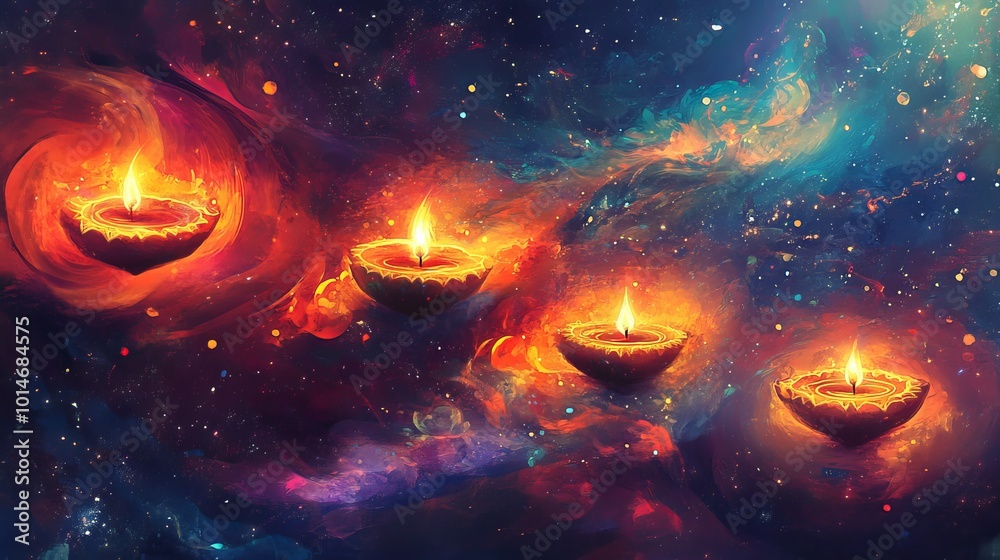 Canvas Prints Dreamlike Diwali scene where diyas float amidst swirling cosmic colors.