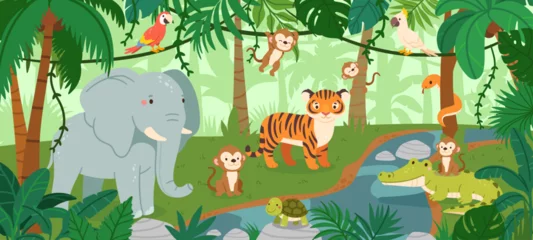Fototapete Rund Jungle landscape with wild animals. Tropical rainforest background with savanna mammals. Exotic trees and leaves, palms with bird. Exotic jungle vector scene © Foxy Fox