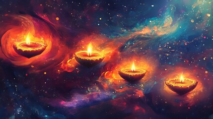 Dreamlike Diwali scene where diyas float amidst swirling cosmic colors.