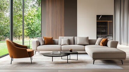 Obraz premium A modern living room with a sectional sofa, armchair, coffee tables, and large windows overlooking a backyard.