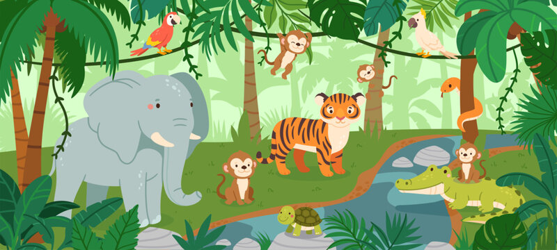 Jungle landscape with wild animals. Tropical rainforest background with savanna mammals. Exotic trees and leaves, palms with bird. Exotic jungle vector scene