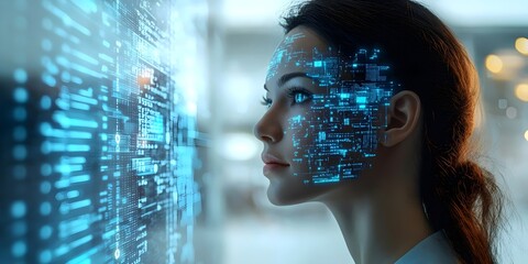 A young woman with a futuristic digital overlay on her face, gazing intently at a screen filled with binary code.  She is a symbol of the future, with the world's knowledge at her fingertips.