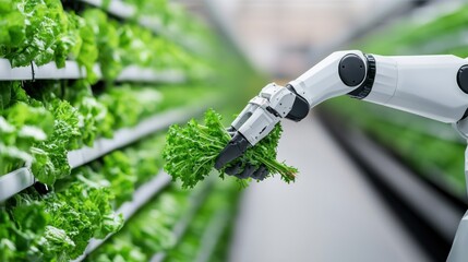 Robot hand picking fresh lettuce in a modern farming environment.