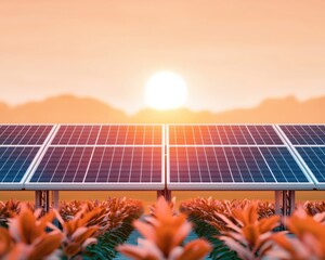 Solar panels in a field at sunrise, showcasing renewable energy and nature.
