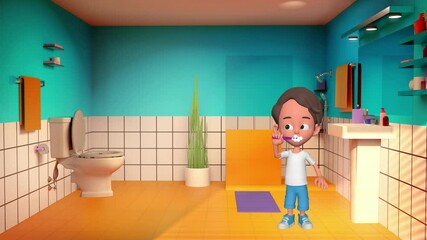 A child brushing the teeth in the bathroom. 3d animated character