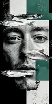 A man's face is surrounded by fish in this abstract digital art piece. The fish create a sense of being underwater, but the man's eyes are intense and focused.