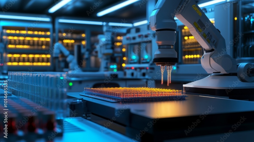 Poster A robotic arm conducts meticulous operations in a futuristic laboratory filled with glowing equipment and advanced technology. The setting showcases innovation in automation and research.