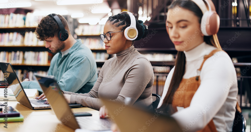 Aufkleber people, learning and laptop in library with headphones, planning and working on research assignment.