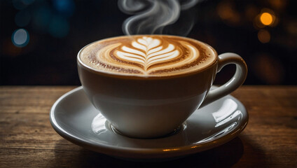 Steaming cup of latte with intricate foam art, placed on a wooden table with dramatic side lighting.