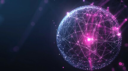 Obraz premium Abstract glowing sphere with interconnected lines and points on a dark blue background.