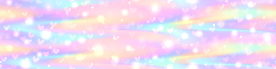 Sweet pastel candy unicorn bg with hearts and sparkling stars as a seamless patern. Gradient mesh soft rainbow sky with overlay effects. Girly vector illustration © Kusandra