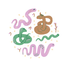 Obraz premium Chinese New Year snake circle emblem. Snakes round badge. Vector hand drawn illustration isolated on white background.