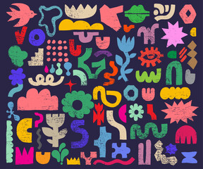 Big set of organic shapes in kids naive art style. Collage figures in colored for patterns, templates, web design and social media, stickers, promo design. Templates vector abstract geometric forms