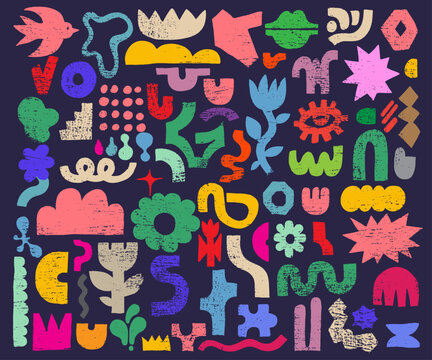 Big set of organic shapes in kids naive art style. Collage figures in colored for patterns, templates, web design and social media, stickers, promo design. Templates vector abstract geometric forms