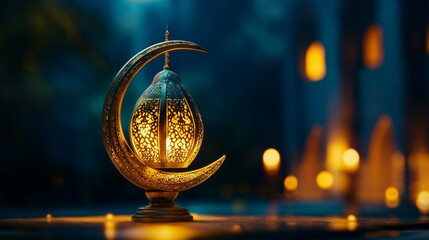 Decorative lantern with crescent moon, glowing softly in an ambient setting.