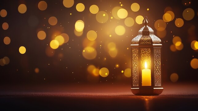 Decorative lantern glowing warmly amidst a bokeh background.