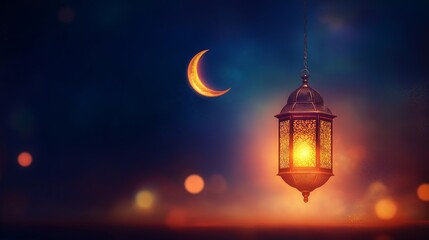 Hanging lantern with flickering light against blue night sky and crescent moon.