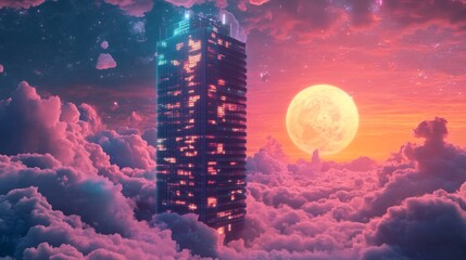 Obraz premium Ethereal depiction of a synthwave skyscraper, floating in a surreal cosmic landscape.
