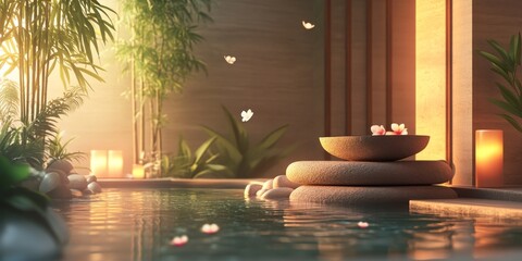 A serene and peaceful scene of a small pool with a stone fountain and a few candles. The pool is surrounded by plants and trees, creating a calming atmosphere