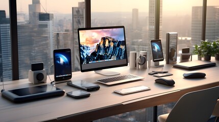 Naklejka premium Clean and Stylish Setup with Latest Tech Gadgets