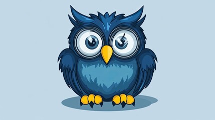 Naklejka premium Cartoon owl with large round eyes and yellow beak wearing glasses, on a light blue background.