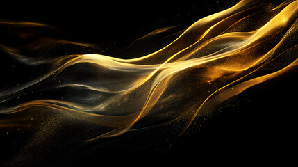 Fototapeta premium Abstract golden swirls with glittering particles on a black background, resembling flowing liquid or silk. Perfect for modern, elegant, and artistic themes.