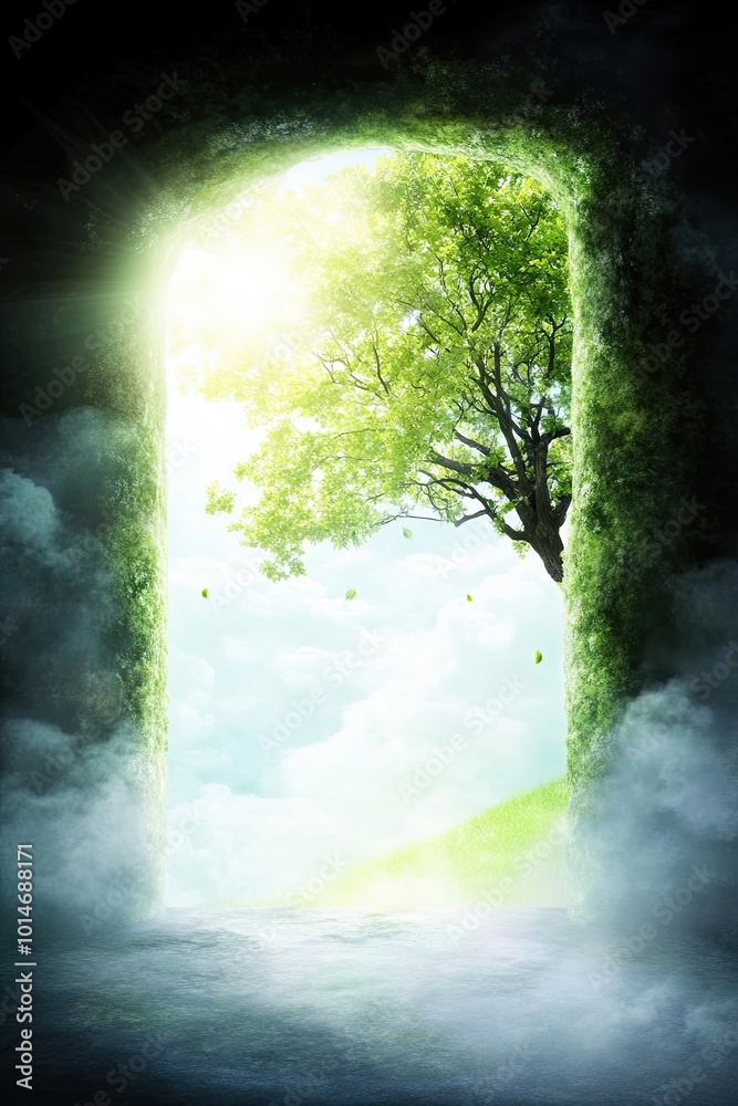Aufkleber A Magical Tree of Life Standing at the Open Door, Inviting Abundance and Growth Into the World